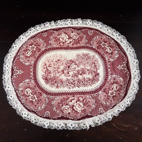 4pc Vintage Oval Quilted Toile Fabric Placemats Set - Picture 11 of 11